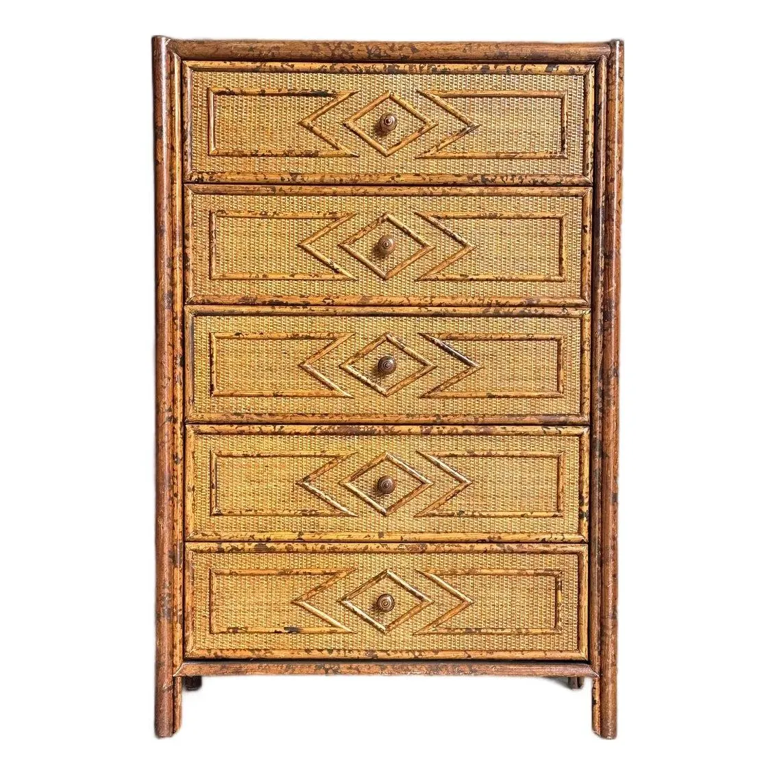 1980s Vintage British Colonial Style Bamboo and Rattan Tall Chest