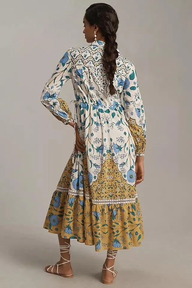 By Anthropologie Long-Sleeve Printed Maxi Shirt Dress