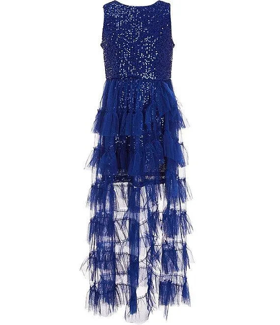 Big Girls Sequin-Embellished/Mesh-Overlay Walk-Through-Skirted Long Dress
