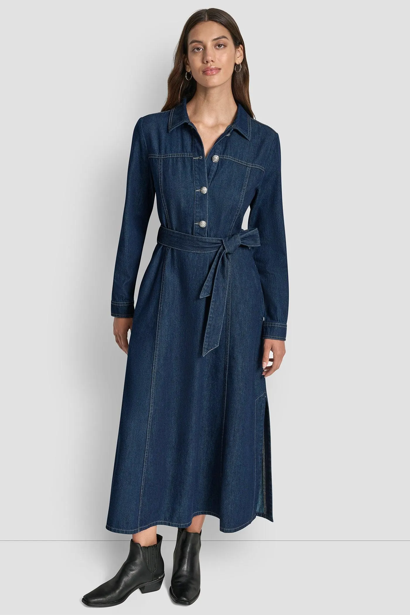 SELF BELT MAXI DRESS WITH SIDE SLITS