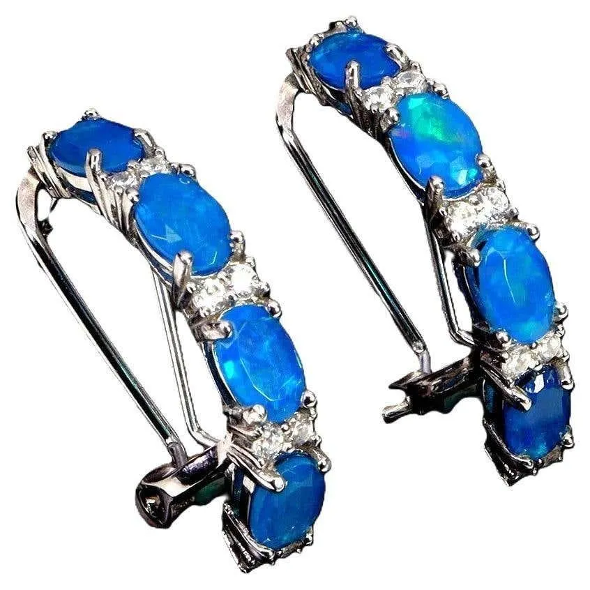 New 3.44 Carat Blue Opal & Diamond Cut Sapphire 14k W Gold PL Sterling Earrings