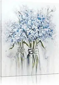 YPY Blue Flowers Canvas Wall Art: Abstract Bouquet in Vase Artwork Prints for Teen Girl Bedroom Blue Floral Picture Poster Bathroom Decor 12" x 15"