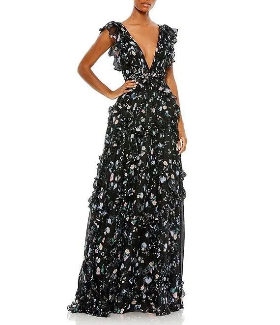 Floral Print Tiered Ruffle Hem Deep V-Neck Sleeveless Embellished Waist Open Back Gown