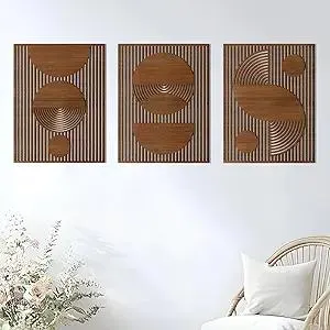 3 Pcs Abstract Wood Wall Art, Mid Century Modern Geometric Wood Wall Decor Minimalist Wooden Wall Art Decor Panels for Boho Living Room Bedroom Kitchen Dining Room Office Home Wall Decor