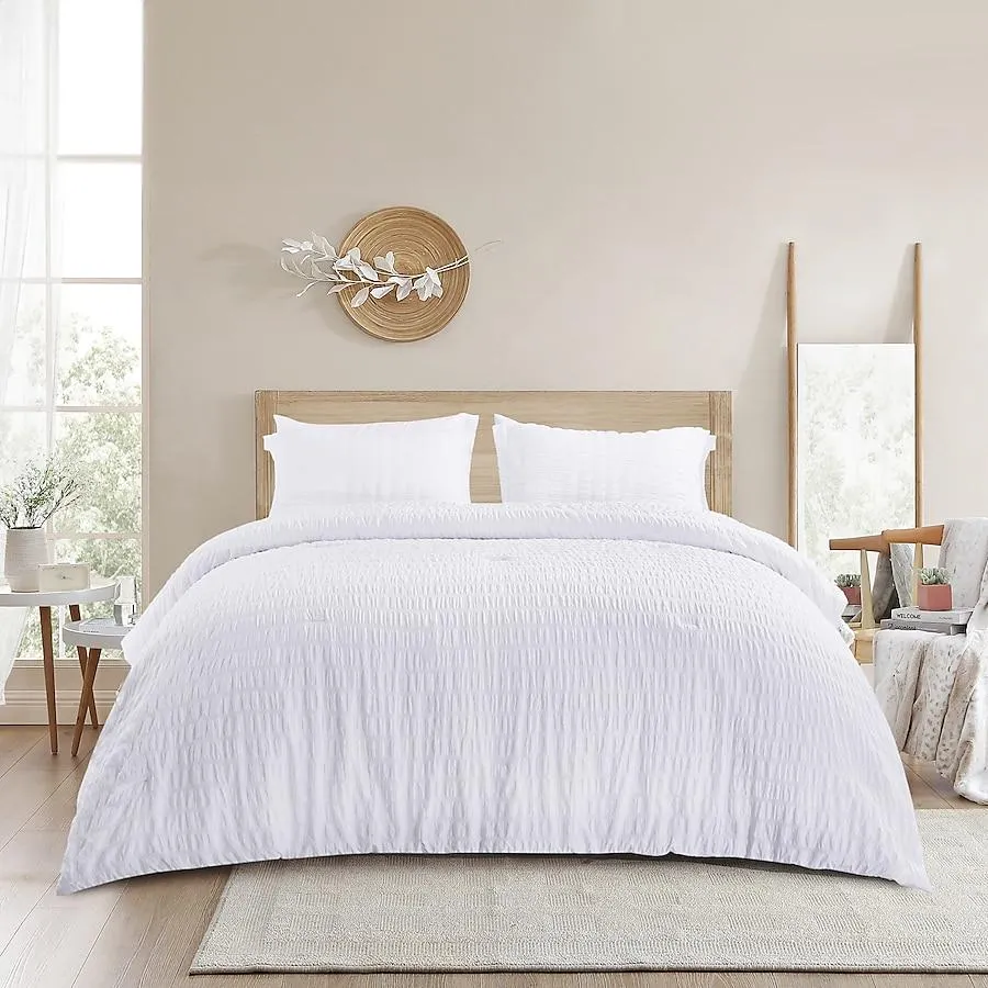 JEAREY Seersucker 7 -Piece White Queen Comforter Set