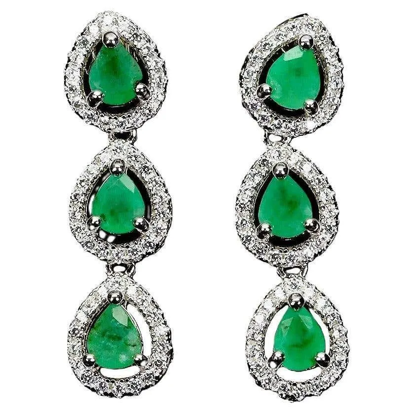 New 14k White Gold PL 2.1 Carat Emerald & Diamond Cut Sapphire Sterling Earring