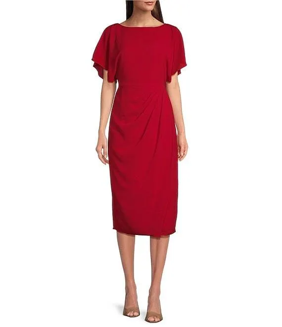 Crew Neck Short Dolman Sleeve Faux Wrap Midi Sheath Dress