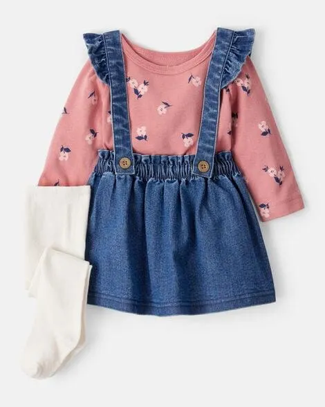 Baby Girl 3-Piece Floral Long-Sleeve Dress Set - Blue