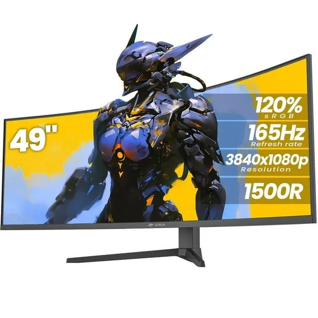 CRUA 49 Inch Ultra-Wide Curved Gaming Monitor, 144Hz/165Hz, DFHD (3840x1080p), 1500R,FreeSync, 32:9, 120% sRGB, HDMI 2.1 & DP 1.4, Wall Mount Install, Black