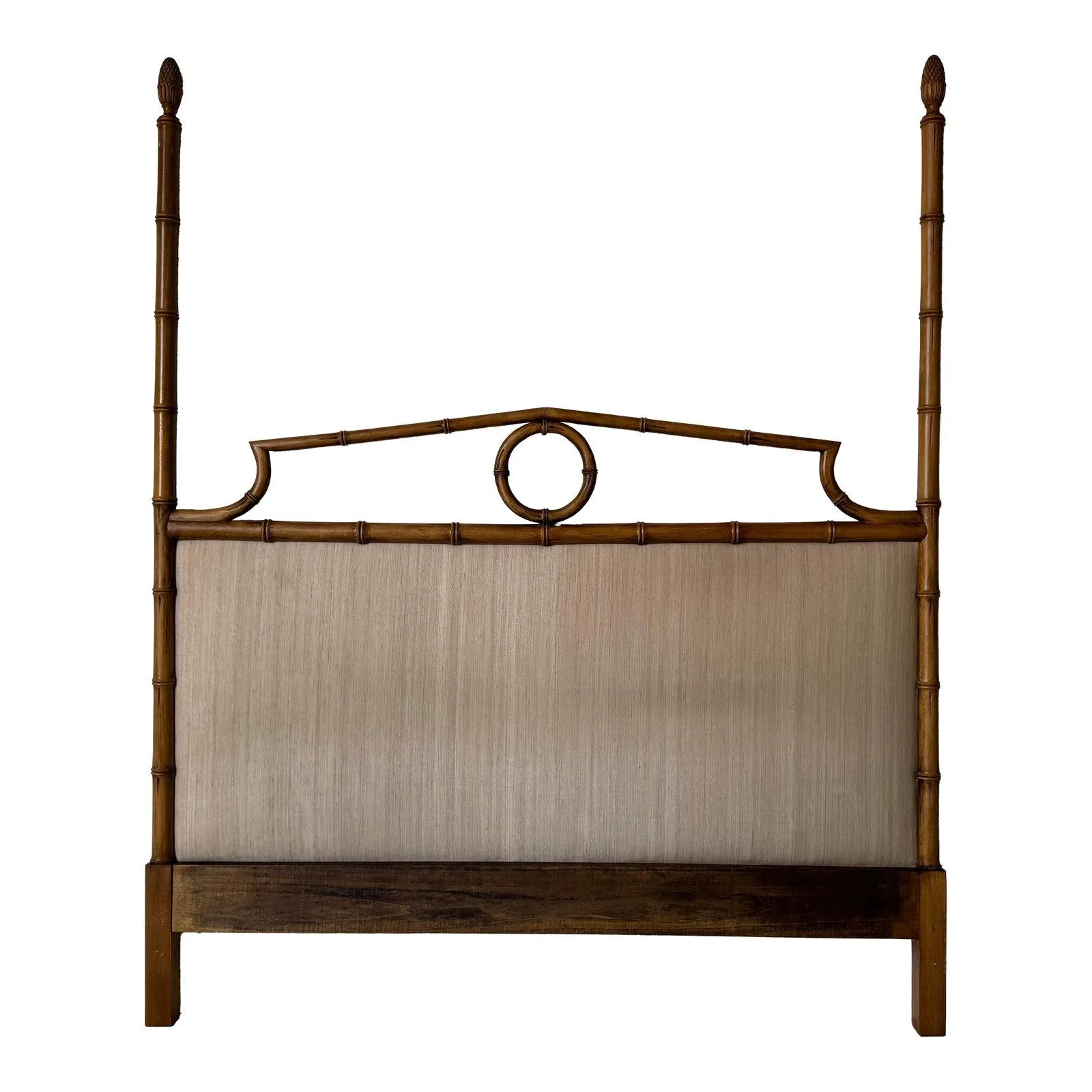 1970s Italian Palm Beach Style Faux Bamboo Carved Upholstered Queen Headboard