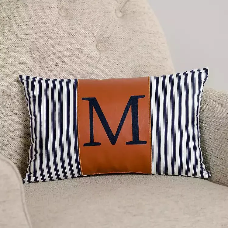 Navy Striped Monogram M Lumbar Pillow