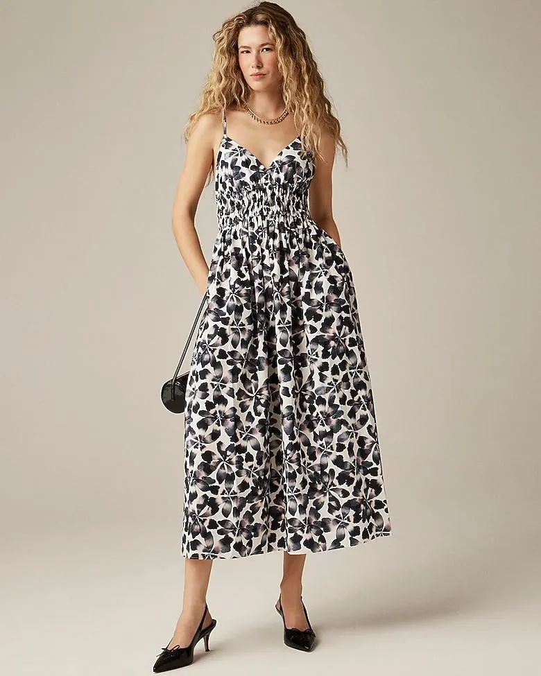 Smocked-waist V-neck dress in floral print