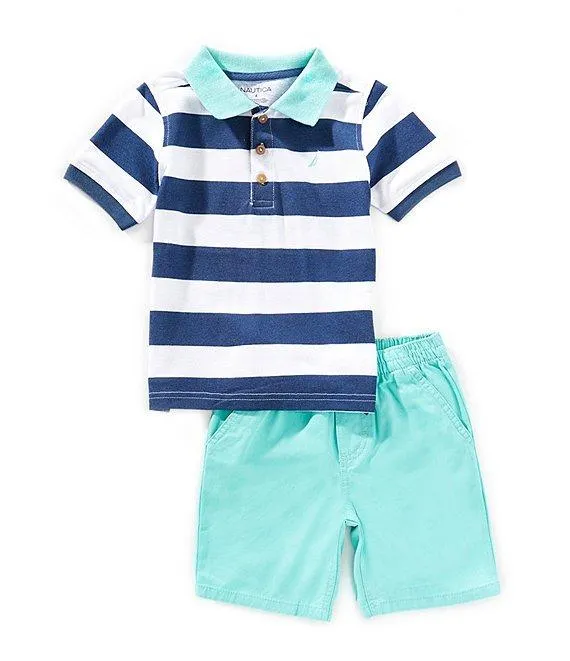 Little Boys 2T-7 Short-Sleeve Striped Polo Shirt & Solid Shorts Set