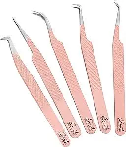 SIVOTE Lash Tweezers for Eyelash Extensions, Pack of 5 Peach – Lash Extension Tweezers Set with Diamond Grip, Precision Fiber Tip for Volume Eyelash Extensions