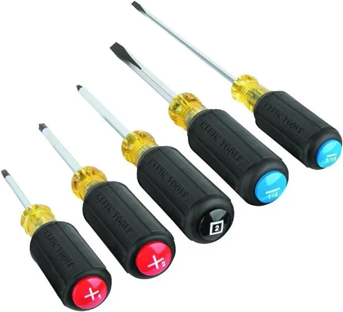 Klein Tools 80031C 5-Piece Color-Coded Screwdriver Set with Precision Tips and Cushion Grip Handles, Made in USA, 2 Slotted, 2 Phillips, 1 Square