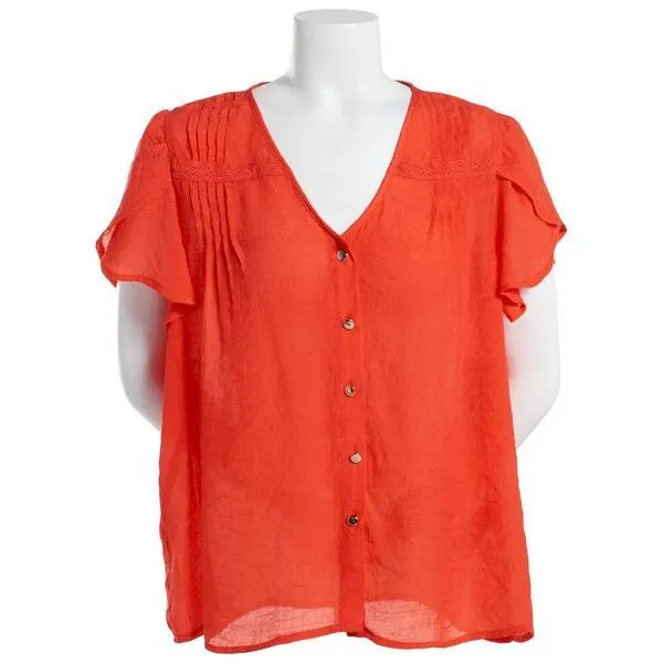 Womens Zac & Rachel Short Flutter Sleeve Button Down Blouse