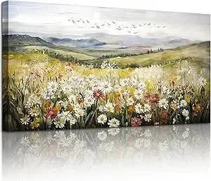 SERIMINO Green Rustic Landscape Wall Art, Mountain Floral Field Large Artwork, Meadow Daisy Scenery Canvas Prints, Nature Wildflower Wall Pictures for Living Room Kitchen Cottage Farmhouse 20X40 Inch