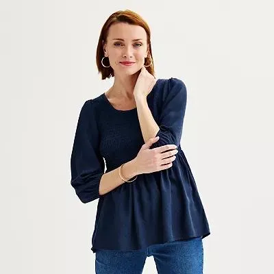 Women's Croft & Barrow® Three-Quarter Sleeve Smocked Blouse