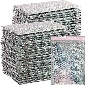 SINJEUN 50 Pieces 6 x 10 Inch Holographic Bubble Mailers, Silver Metallic Padded Bubble Mailers, Glamour Self Sealing Cushion Envelopes for Mailing, Shipping and Packing