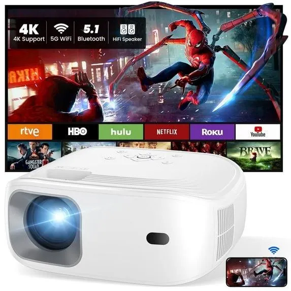 AUOSHI 4K Support Portable Projector with Wifi and Bluetooth Mini Projector with Speaker FHD Native 1080P Projectors for Outdoor Movies Home Theater