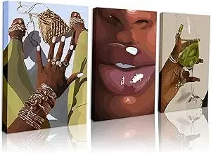 Black Girl Wall Art Framed Set of 3 - African Woman Canvas Wall Decor American Black Women Wall Art Black Female Print Pictures Fashion Abstract Poster for Home Bedroom Bathroom 12×16 Inch