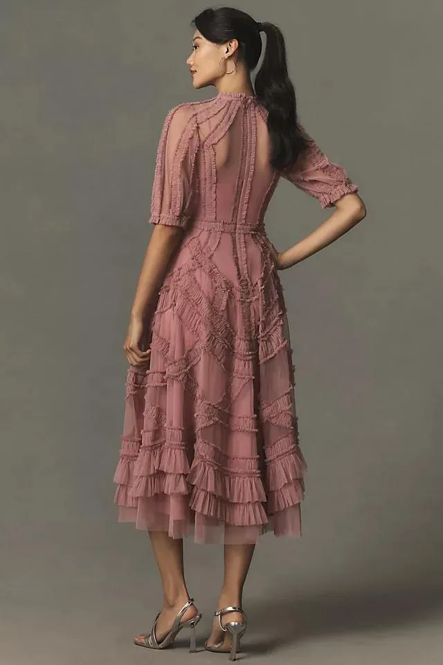 Mac Duggal High-Neck A-Line Ruffle Dress