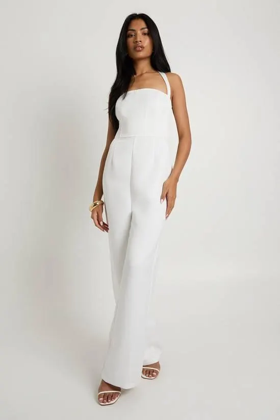 Premium Satin Boned Corset Halterneck Wide Leg Jumpsuit