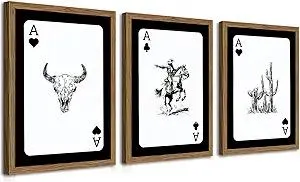Western Cowboy Wall Art Set Of 3 Cowboy Print Playing Card Inspired Southwestern Canvas Poster Trendy Western Wall Decor Longhorn Bull Skull Room Decor for Bedroom Living Room Framed 12x16 inch