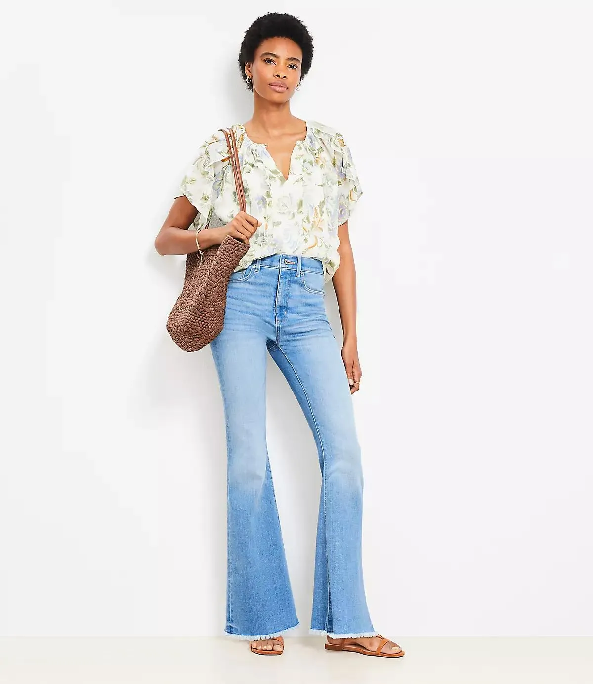 Frayed High Rise Slim Flare Jeans in Classic Mid Wash