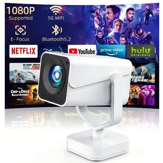 GCZ Projector with WiFi and Bluetooth, 1080P Support, Auto Keystone Electric Focus, Portable Projector for Phone/TV Stick