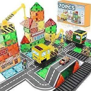 70Pcs Magnetic Tiles Magnetic Building Blocks, Building Toys for Kids Ages 3-5 4-8 8-12 Toddlers STEM Preschool Toy Boys Toys, City Construction Toys Set with 2 Cranes Train Tracks Road Car