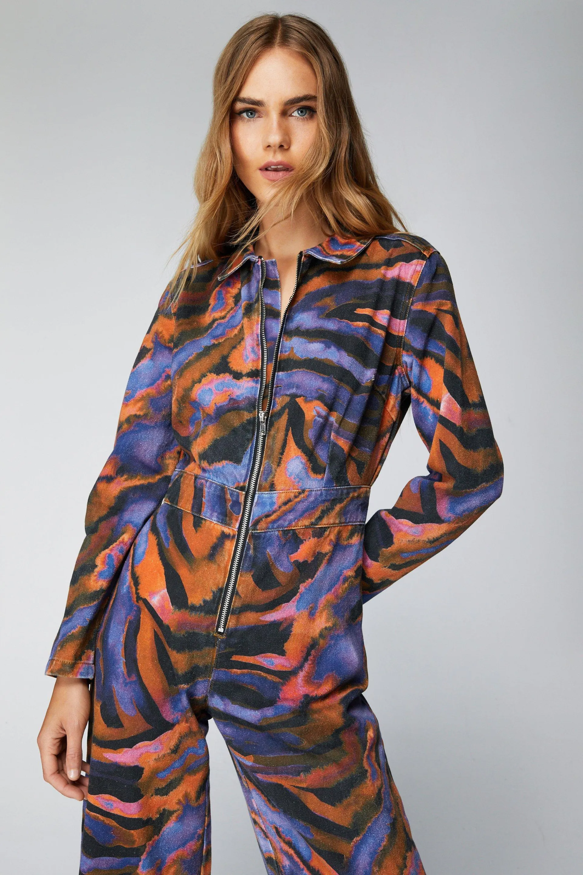 Printed Zip Through Twill Jumpsuit