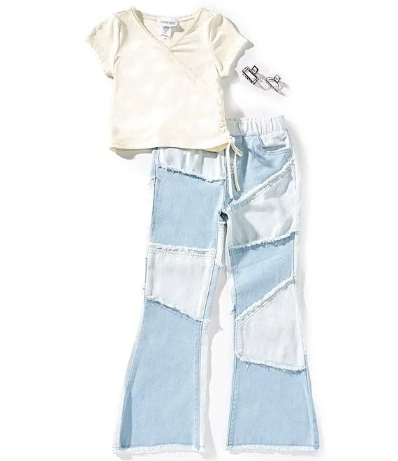 Big Girls Short Sleeve Rib Knit Faux Wrap T-Shirt & Patchwork Denim Pants 2-Piece Set