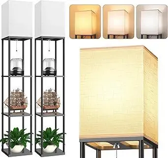 Floor Lamp with Shelves for Living Room 2 Pack, Shelf Floor Lamp with 3 CCT LED Bulb, Corner Display Standing Column Lamp Etagere Organizer Tower Nightstand with White Linen Shade for Bedroom, Office