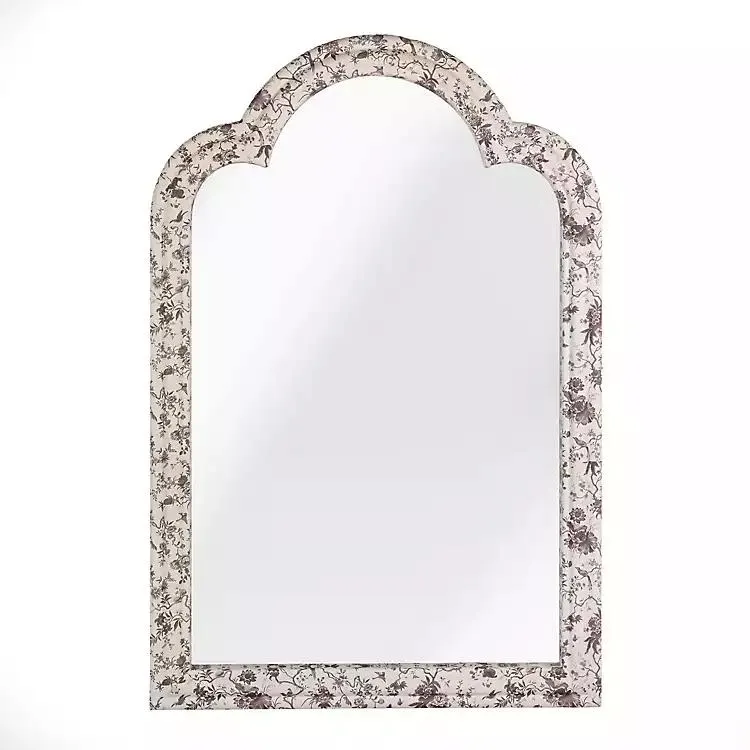 White & Gray Toile Fabric Arched Wall Mirror