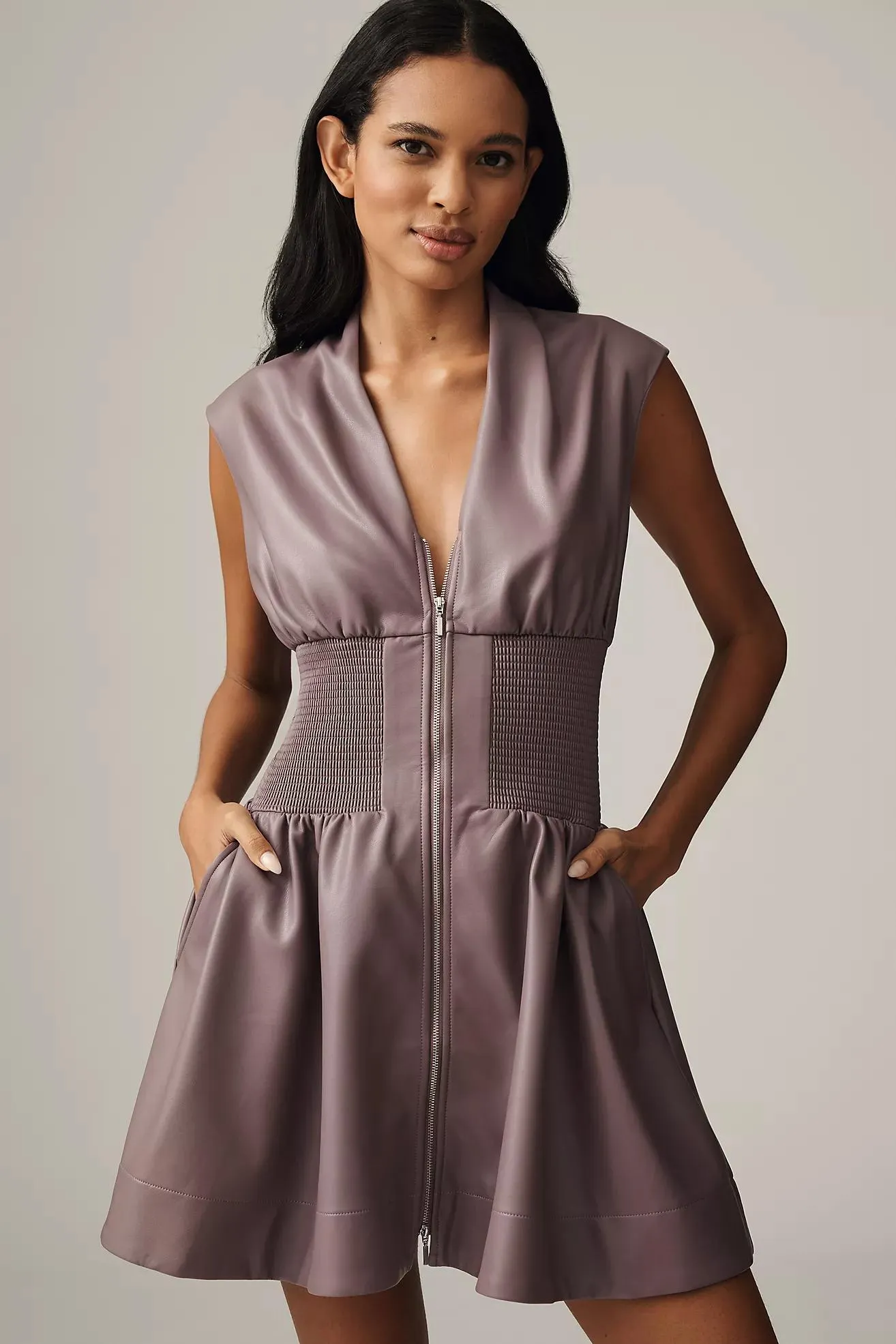 The Tommie Faux-Leather Front-Zip Mini Shirt Dress