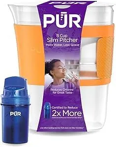 PUR Water Filter Pitcher Slim Design 8 Cup Capacity with 1 Filter, Dishwasher Safe, Faster Filtration, Water Purifier for Cleaner, Great Tasting Water, Ideal for Compact Space, Dorm Room, Tangerine