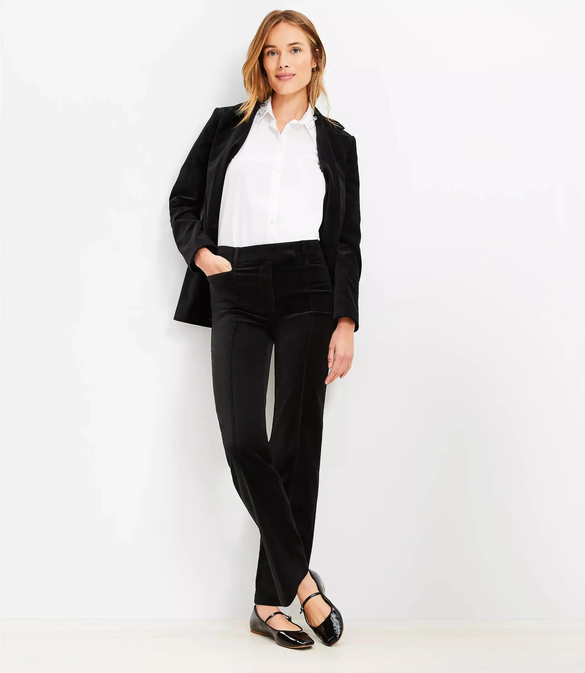 Pintucked Full Length Straight Pants in Velvet