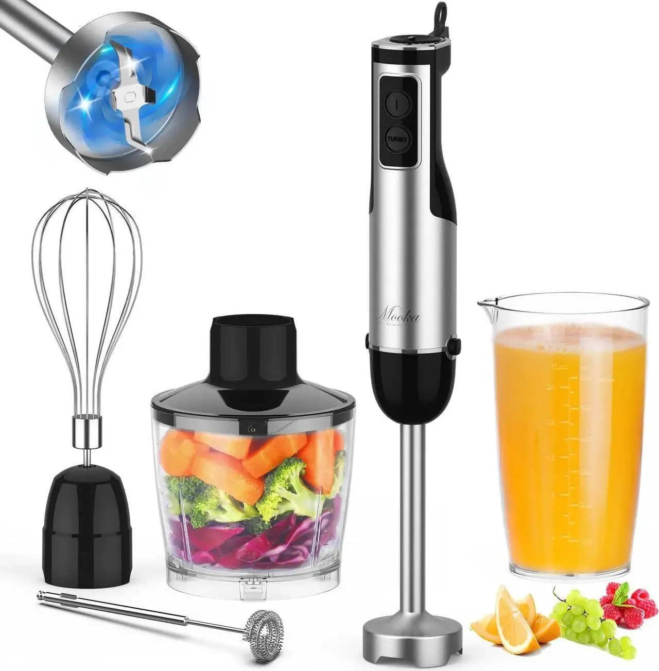 Mooka Immersion Blender Handheld, 1100W 5-in-1 Multi-Purpose Hand Blender, 12-Speed Stick Blender, 600ml Beaker, 500ml Chopper, Egg Whisk, Milk Frother, Black