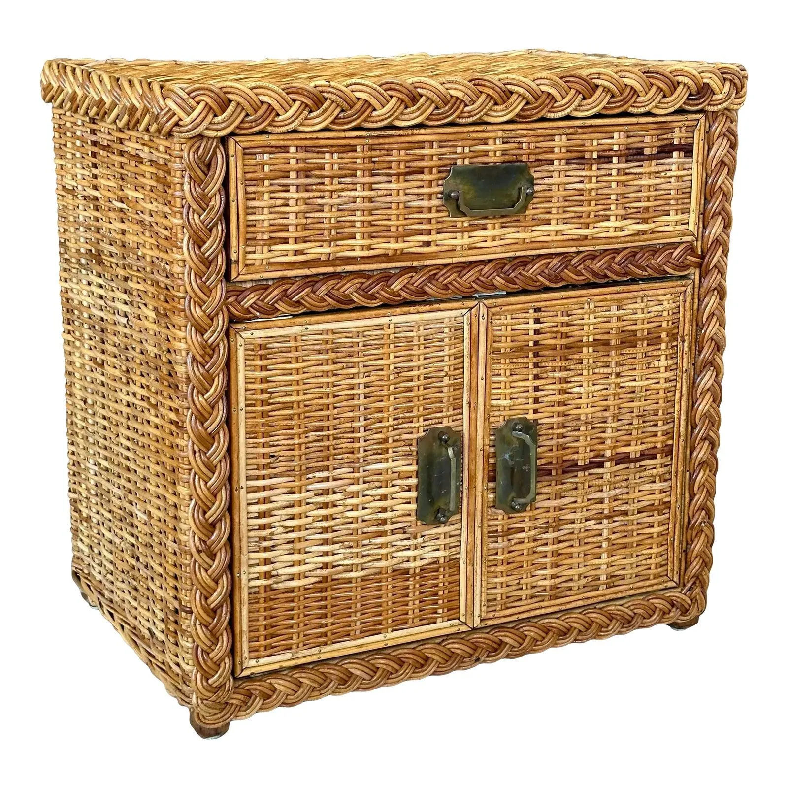 Vintage Coastal Island Style Floating Braided Rattan Chest Nightstand Side Table