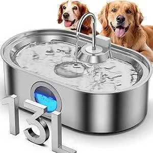 3.4Gal Dog Water Fountain for Large Dogs, 13L Stainless Steel Large Pet Fountain with Deeper & Wider Drinking Area, Automatic Dog Water Bowl Dispenser with Water Window & LED, Super Quiet