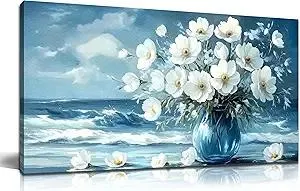 Flower Wall Art for Living Room, Ocean Canvas Wall-Decor for Bedroom, Blue and White Picture Print Artwork for Office, Size 40 x 20 Inches