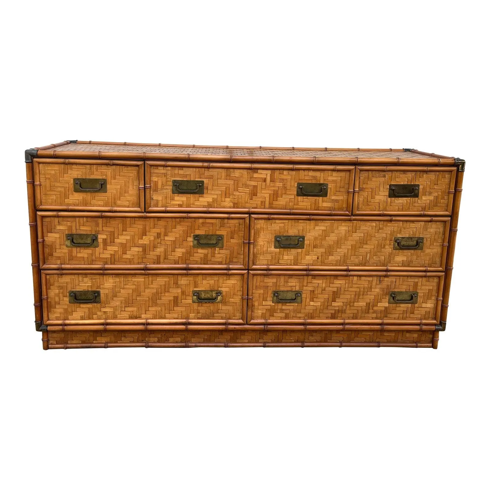1970’s Faux Bamboo and Woven Reed Campaign Dresser by Dixie