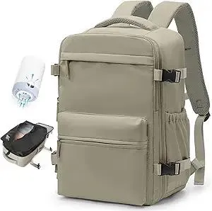 BOXSAM Vacuum Travel Backpack with Pump for Women, Personal Item Carry on Vacpack Backpacks Flight Approved 18x14x8 inches for Men,Laptop Waterproof Work Compression bags Casual Daypack GreyBrown