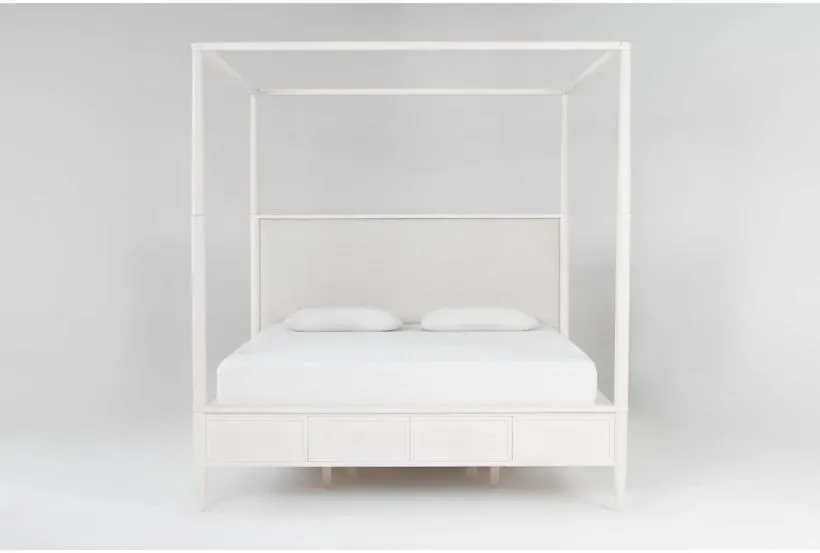 Austen White Queen Wood & Upholstered Platform Canopy Bed | Poster | Drawers | Storage
