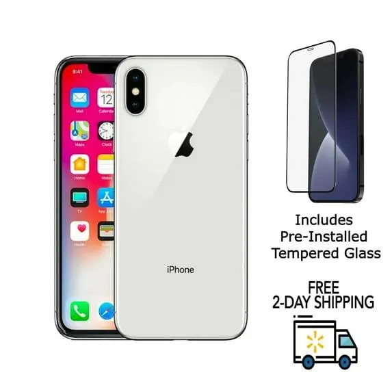 Restored Apple iPhone X (Unlocked) 64GB Silver (A1865) Bundle with Pre-Installed Tempered Glass (Refurbished)