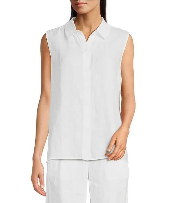Organic Handkerchief Linen Point Collar Sleeveless Button Front Shirt