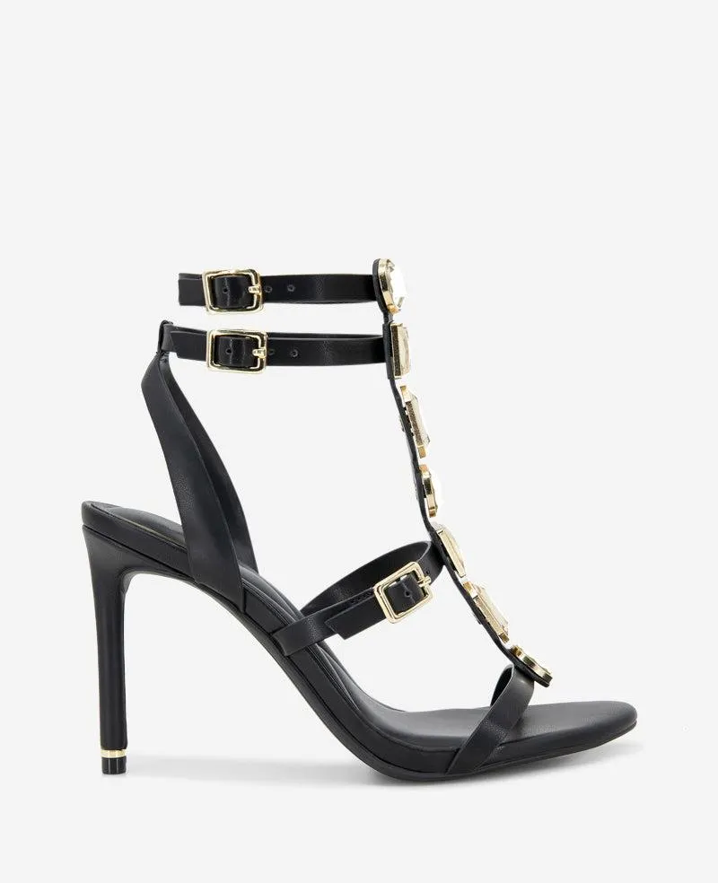 Lilath Jewel Leather Strap Heel - BLACK