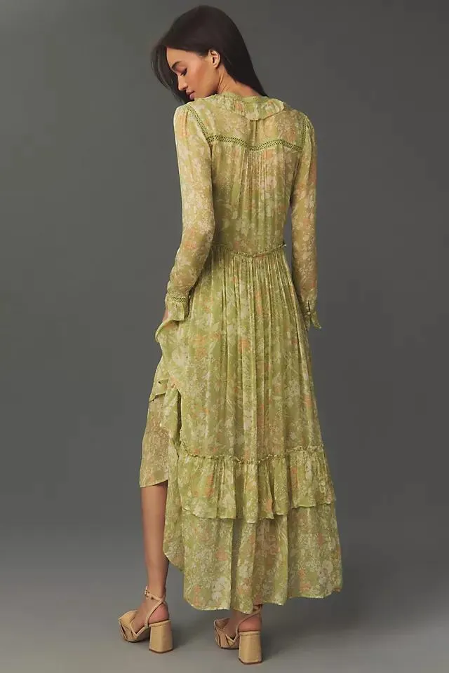 By Anthropologie Long-Sleeve Sheer Hanky-Hem Midi Dress