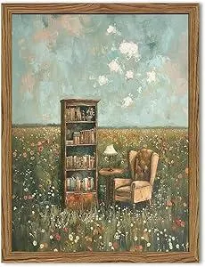 Vintage Whimsical Book Lover Wall Art, Impressionist Flower Field Painting Decor, Rustic Book Nook Canvas Prints, Bookish Gifts French Country Artwork for Bedroom Living Room 16x12 inch Wood Framed